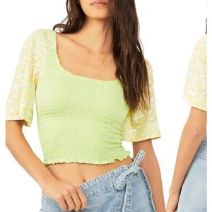 NWT Free People Marigold Mix Print Smocked Short Sleeve Top in Key Lime Combo